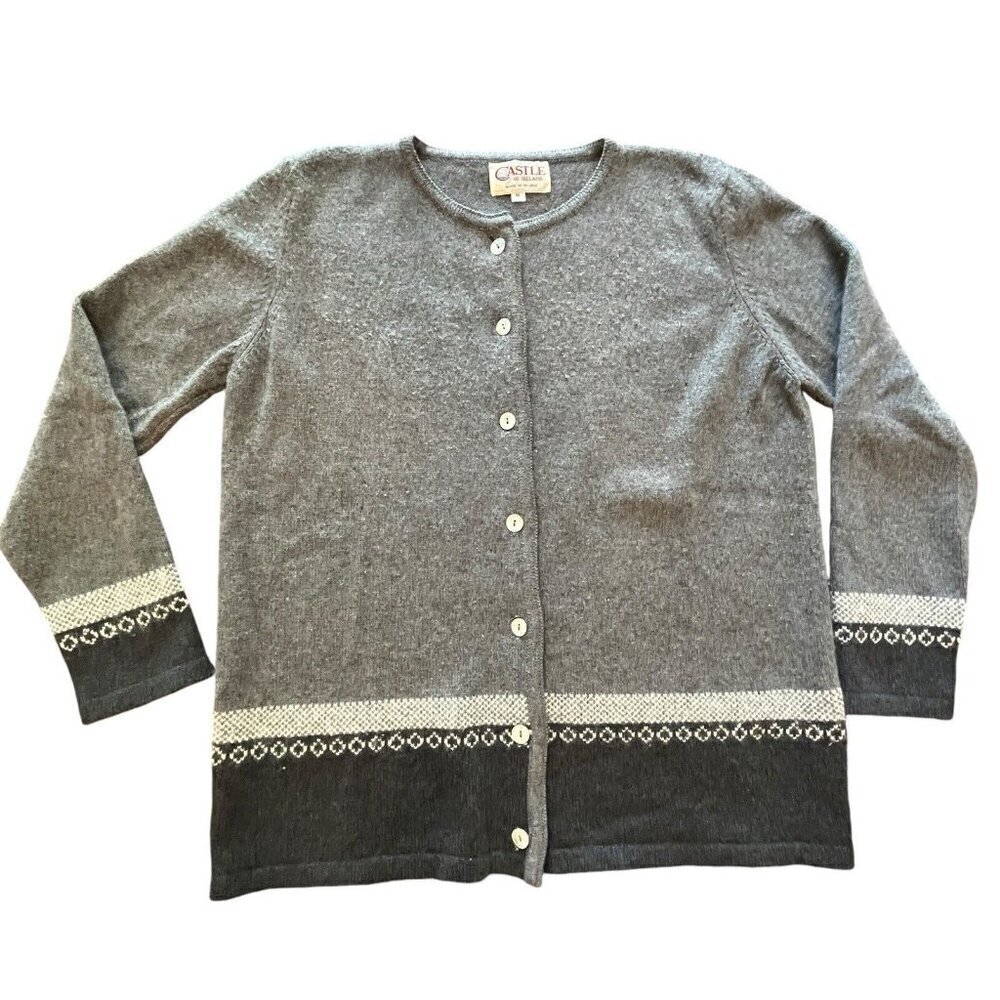 Castle of Ireland Womens Cardigan Sweater Merino Wool Angora Medium Vtg Flaws